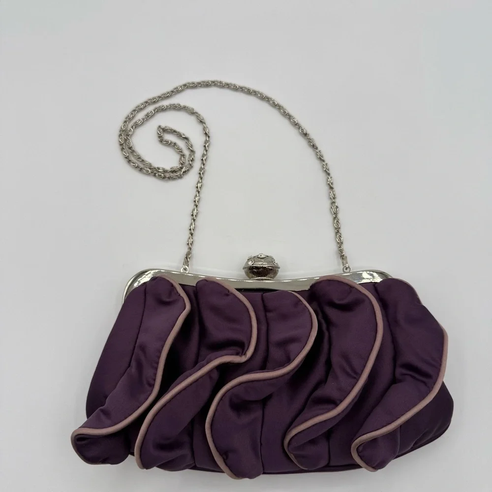 Dollhouse Satin Ruffled Front Jeweled Kiss-Lock Purple Handbag ClutchFormal Prom